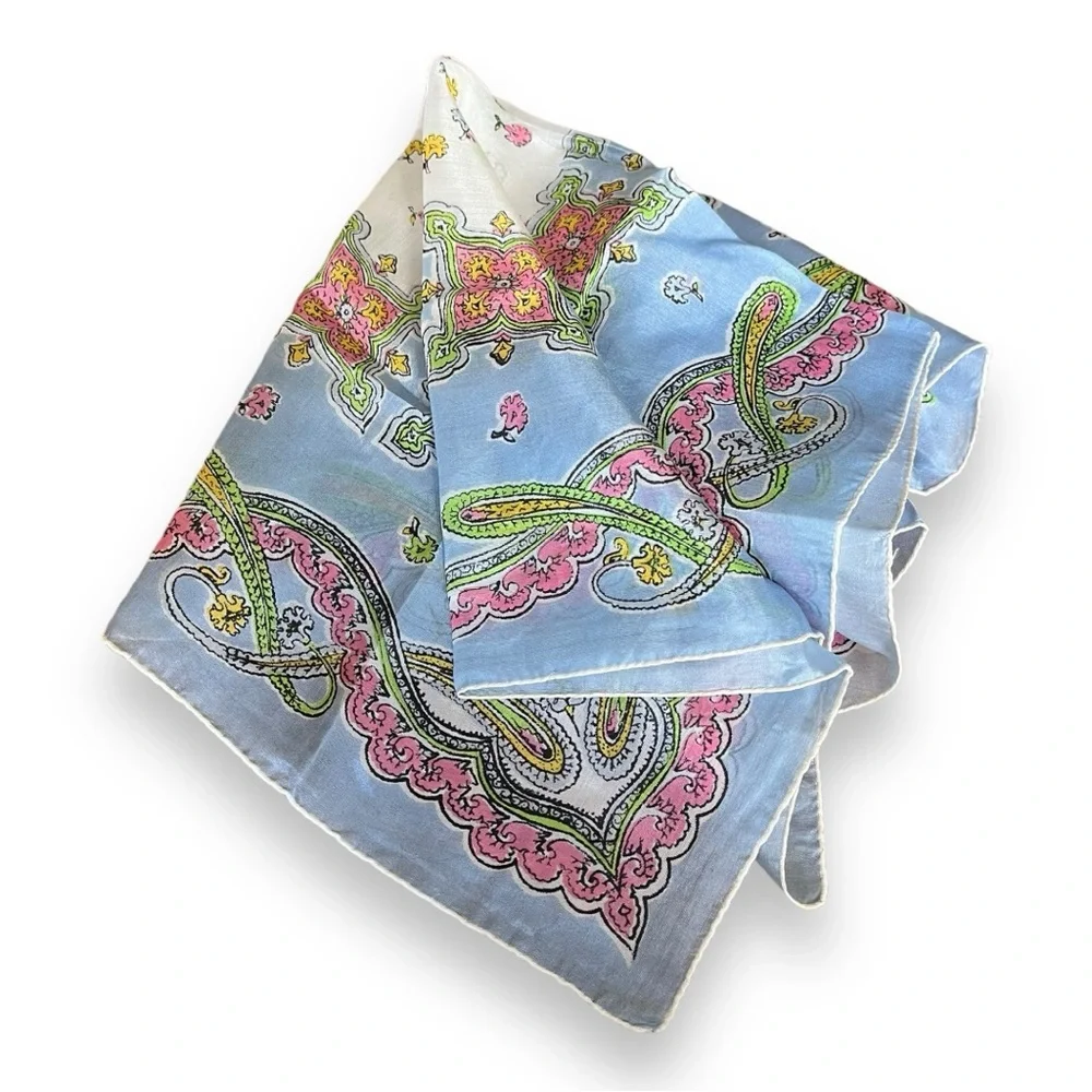 Vanette Creations Vintage Hand Rolled Silk Scarf in Soft Pastels Paisley Floral